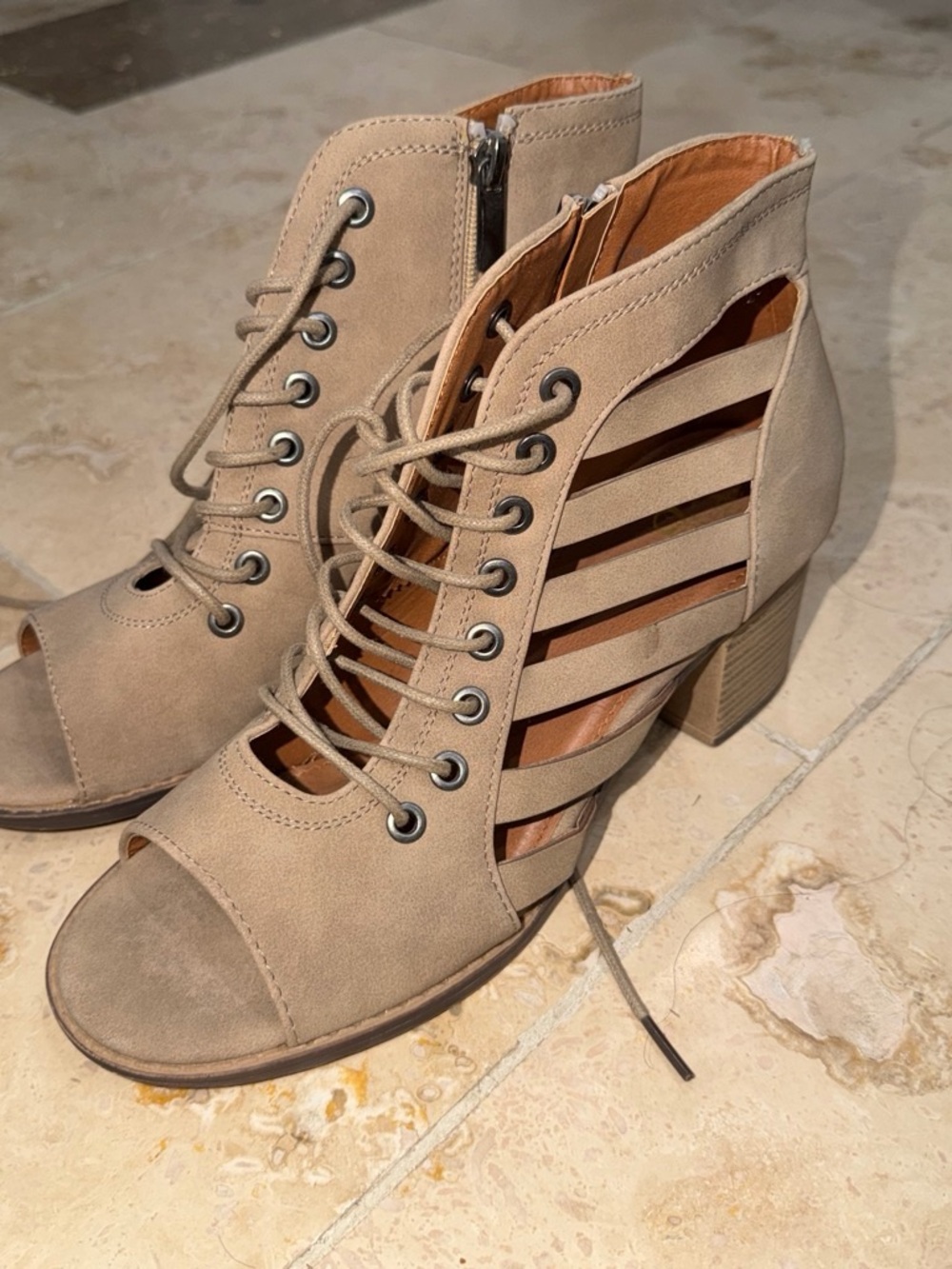 Vintage Taupe Lace-Up Cutout Block Heel Sandals
